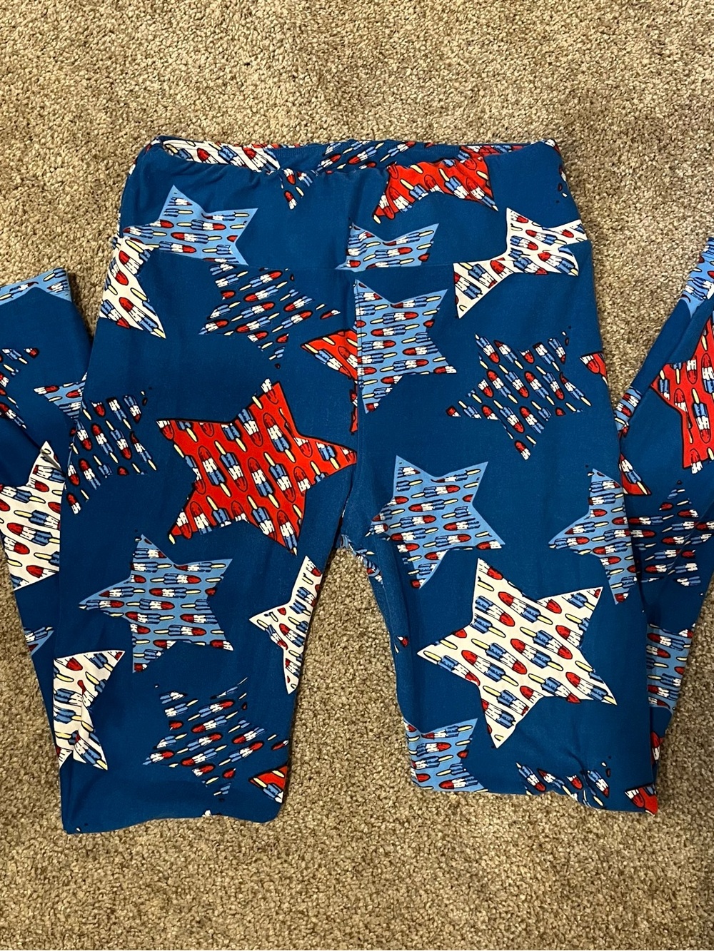 LuLaRoe Blue Leggings with Red and White Star Accents
